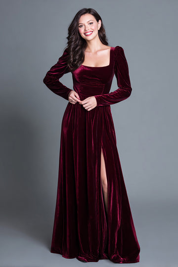 Burgundy Square Neck Velvet Holiday Party Dress With Slit